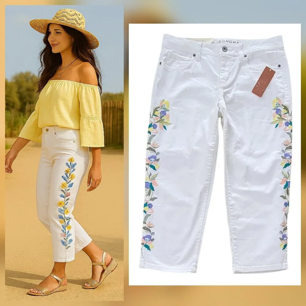 Embroidered Boho Crisp White Denim Cropped Jeans Modern Fit NEW NWT